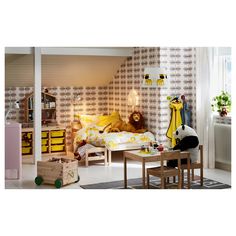 a child's bedroom decorated in yellow and white