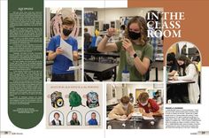 an article in the class room with pictures of students wearing masks and writing on paper