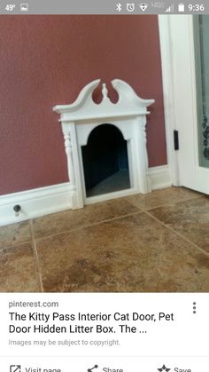 a dog is laying on the floor in front of a fire place and door to another room