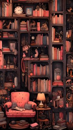 a room filled with lots of books and furniture next to a wall covered in shelves