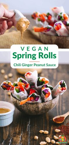 vegan spring rolls with chili ginger peanut sauce