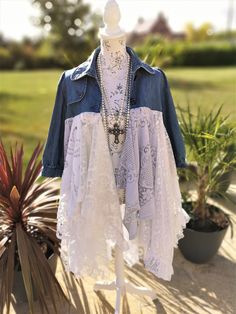 Bohemian Duster lace Denim Kimono vintage Lace and linen | Etsy Diy Jacket Refashion, Repurposed Shirts, Fun Jackets, Diy Boho Clothes, Crazy Jeans, Denim Kimono, Lace And Linen, Stevie Nicks Style, Upcycle Clothes Diy