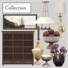 a collection of furniture and decor items including vases, bowls, lamps and pictures