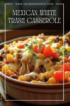 This easy and hearty Mexican White Trash Casserole is a delicious blend of seasoned ground beef, creamy soup, and crunchy tortilla chips, perfect for a quick weeknight meal or a crowd-pleasing potluck dish. White Trash Chicken Casserole, Mexican White Trash Recipe Chicken, Cheesy Taco Rice Casserole, Mexican Trash Casserole Chicken, Mexican White Trash Casserole Recipe, Mexican Hotdish, Mexican White Trash Casserole, Potluck Mexican Dishes, Mexican Pot Luck Dishes