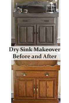 the before and after of an old dresser makeover with chalk paint, waxing and stain