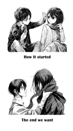 two anime comics with one saying how it started the end we want