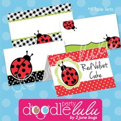 ladybug party place cards with polka dots and checkered border on blue background