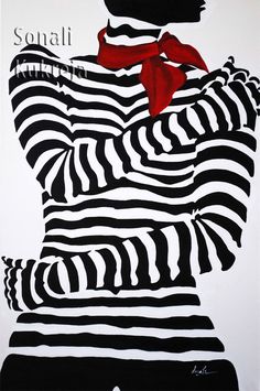 a black and white drawing of a woman with stripes on her body