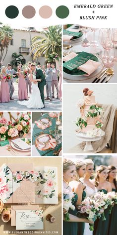 a collage of photos with green and pink wedding color palettes for the bride