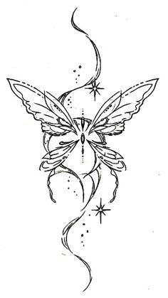 a tattoo design with a butterfly on it's wings and stars around the body