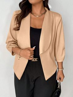 Plus Size Women Solid Color Shawl Collar 3/4 Sleeve Casual Loose Blazer Khaki Casual  Three Quarter Length Sleeve Woven Fabric Plain Regular Slight Stretch  Women Plus Clothing, size features are:Bust: ,Length: ,Sleeve Length: Blazer Casual, Plus Size Blazer, Plus Size Suits, High Waisted Pleated Skirt, Kids Sleepwear, Inspiration Mode, Kids Beachwear, Long Sleeve Casual, Blazers For Women