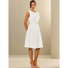 This dress can be a perfect addition to almost any outfit from formal to daily wear, great for work, meetings, offices, businesses, work, parties, cocktails, weddings, casual, everyday dressing, etc. It exudes professionalism and sophistication, helping you make a strong impression in any business setting. Pair with high heels for a chic office look. Comfortable and versatile, this sleeveless dress is perfect on its own or as a layer under a blazer. Tailored Sleeveless Dress For Spring, Elegant Sleeveless A-line Dress For Formal Occasions, Chic A-line Dress For Business Casual, Tailored Sleeveless Spring Dress, Classic Formal Sleeveless Summer Dress, Summer A-line Office Dress, Tailored Sleeveless Dress For Workwear, Formal Solid Sleeveless Dress For Summer, Chic A-line Sleeveless Dress For Office