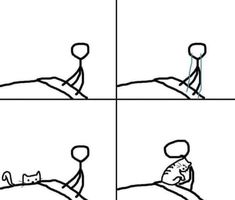 a comic strip with an image of a person laying on the ground holding a cat