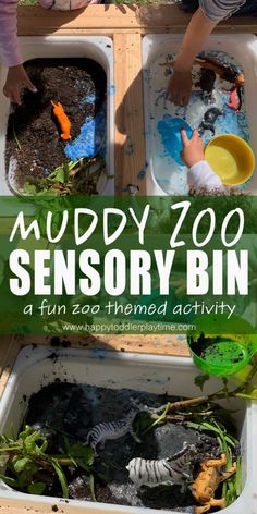 two children are playing in an outdoor play area with mudy zoo sensory bins