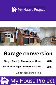 a flyer for a garage renovation project with images of the house and their prices on it