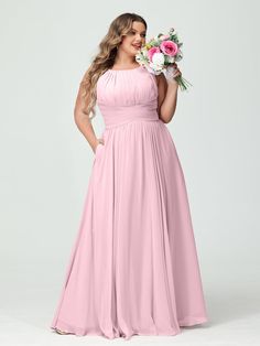 a woman in a long pink bridesmaid dress with flowers on her head and hands behind her back