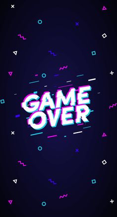 the text game over is surrounded by colorful lines and dots on a black background with pink, blue, and purple colors