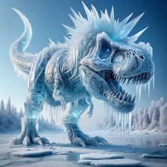 an ice - covered dinosaur is standing in the snow