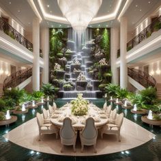 a large dining room with a waterfall in the center and chandelier hanging from the ceiling