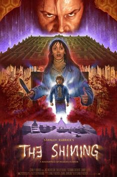 the shining movie poster with an image of a man holding a knife in front of him