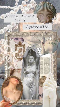 a collage with an image of a statue and pearls