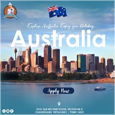 an advertisement with the words australia apply now on it in front of a cityscape