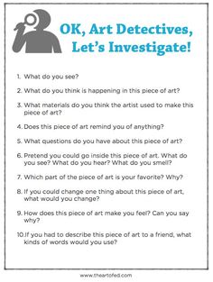 a question card with the words ok, art detectives let's investigateate