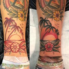 two tattoos on the legs of people with flowers and palm trees in front of them