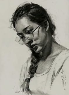 a black and white drawing of a woman with glasses