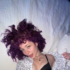 purple curly short hair inspo aesthetic indie grunge subtle easy makeup eyeliner ideas girl poses looks punk fashion accessories spring clothing summer Short Hair Inspo Aesthetic, Hair Inspo Aesthetic, Curly Purple Hair, Short Hair Inspo, Short Purple Hair, Curly Short Hair, Eyeliner Ideas, Dyed Hair Purple