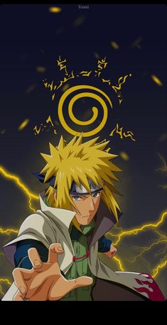 an anime character pointing at the camera with lightning in the background