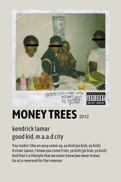 an ad for money trees featuring three men sitting at a table with food and drinks