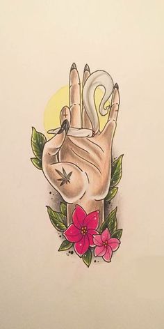 a drawing of a hand with a bird on it's palm and flowers around it