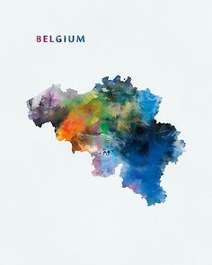 a watercolor map of belgium in blue, green, yellow and red colors with the name belgium on it