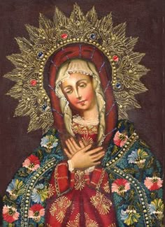 an image of the virgin mary with flowers on it's head and hands in her arms