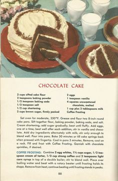 a recipe for chocolate cake with frosting on the top and two slices cut out