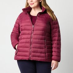 Elevate your winter wardrobe with this St. John's Bay women's plus midweight puffer jacket. Designed to provide exceptional warmth and a flattering fit, this zip jacket features a hooded neck, front pockets and long sleeves. Wear it with a sweater and jeans. Closure Type: ZipperFit: Regular FitNeckline: Hooded NeckPockets: 2 Front Zip PocketsSleeve Length: Long SleeveWarmth Factor: MidweightApparel Length: 33 InchesOuterwear Length: LongFiber Content: 100% NylonFabric Description: WovenFilling C Sweater And Jeans, Puffer Jacket Women, Sweaters And Jeans, Red Jacket, Zip Jacket, Winter Wardrobe, Puffer Jacket, Puffer, Coats Jackets