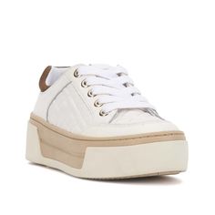 Vince Camuto-Anabell Platform Sneaker - Women's Give a chic update to your street style with the Anabell platform sneaker from Vince Camuto. Multi-tone leather upper with striking stitching details give a modern lift to this lace-up sneaker set atop a chunky platform heel. It is finished off with a rubber sole to keep your steady and stable. White Leather Round Toe Platform Sneakers, White Leather Lace-up Wedge Sneakers, White Lace-up Leather Wedge Sneakers, White Leather Round Toe Wedge Sneakers, Trendy White Leather Wedge Sneakers, White Synthetic Sneakers With Textured Upper, White Lace-up Platform Sneakers With Stitched Sole, White High-top Platform Sneakers With Stitched Sole, High-top White Platform Sneakers With Stitched Sole