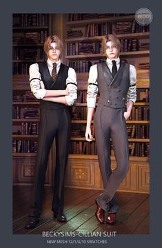 two men in suits standing next to each other on a wooden floor with bookshelves behind them