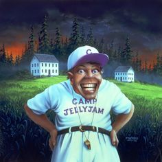 a painting of a baseball player with his mouth wide open, standing in front of a field