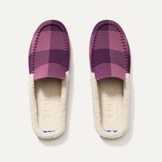 The Scuff Slipper in Mauve Buffalo Check | Rothy's Mule Silhouette, Mary Jane Clogs, Mule Sneakers, Chukka Boots Men, Clog Boots, Wool Slippers, Sneaker Slippers, Purple Plaid, Mary Jane Heels