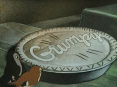 a drawing of a turkey sitting on top of a table next to a sign that says crumppy