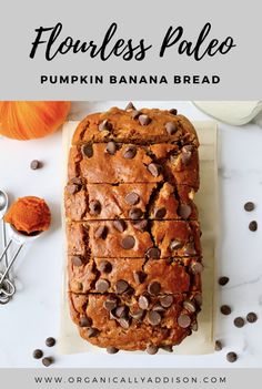 a loaf of pumpkin banana bread with chocolate chips on top