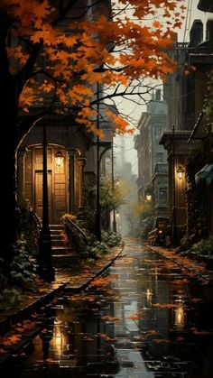 an image of a rainy street scene with autumn leaves on the ground and buildings in the background