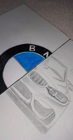 a pencil drawing of a bmw car on top of a piece of paper with the letter b in it