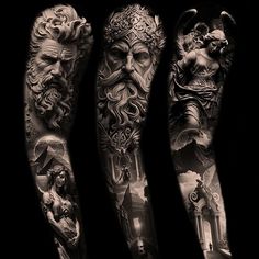 black and white tattoos on the arms of three men, one with an image of two angels