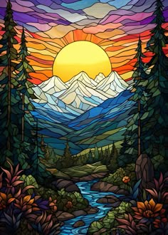 a stained glass window with the sun setting over mountains and trees in front of it