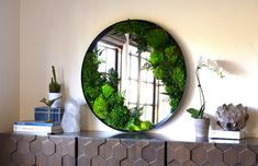 a round mirror sitting on top of a wooden dresser next to a plant filled vase