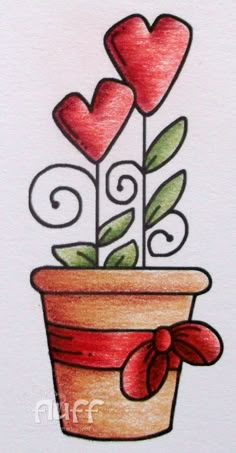 a drawing of two hearts in a flower pot