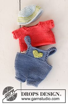 three crocheted knitted baby clothes and hats on a white wooden background with the words drops design